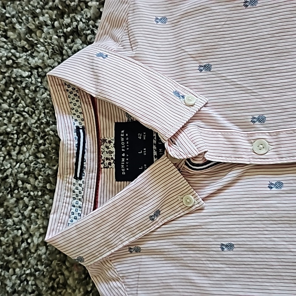 Pineapple Tropical Button Down Casual Shirt Slim fit Collared Sz L Vacation